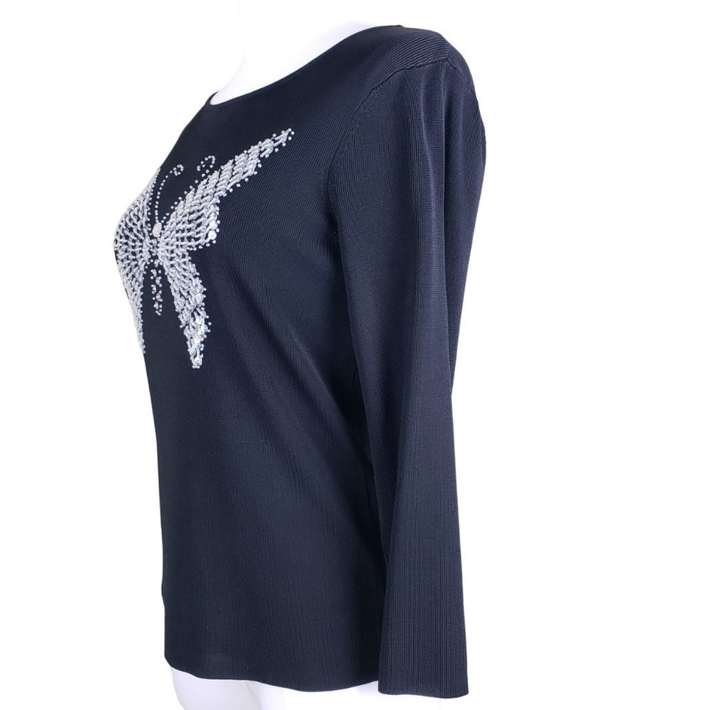 Lucia Burns Butterfly Tee Black Beaded Sequins Fitted Knit Top Large, Fits Med - Picture 6 of 8